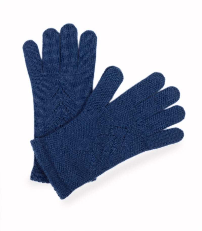 alt="Delikatne kaszmirowe rękawiczki w odcieniu denim blue z dekoracyjnym motywem"