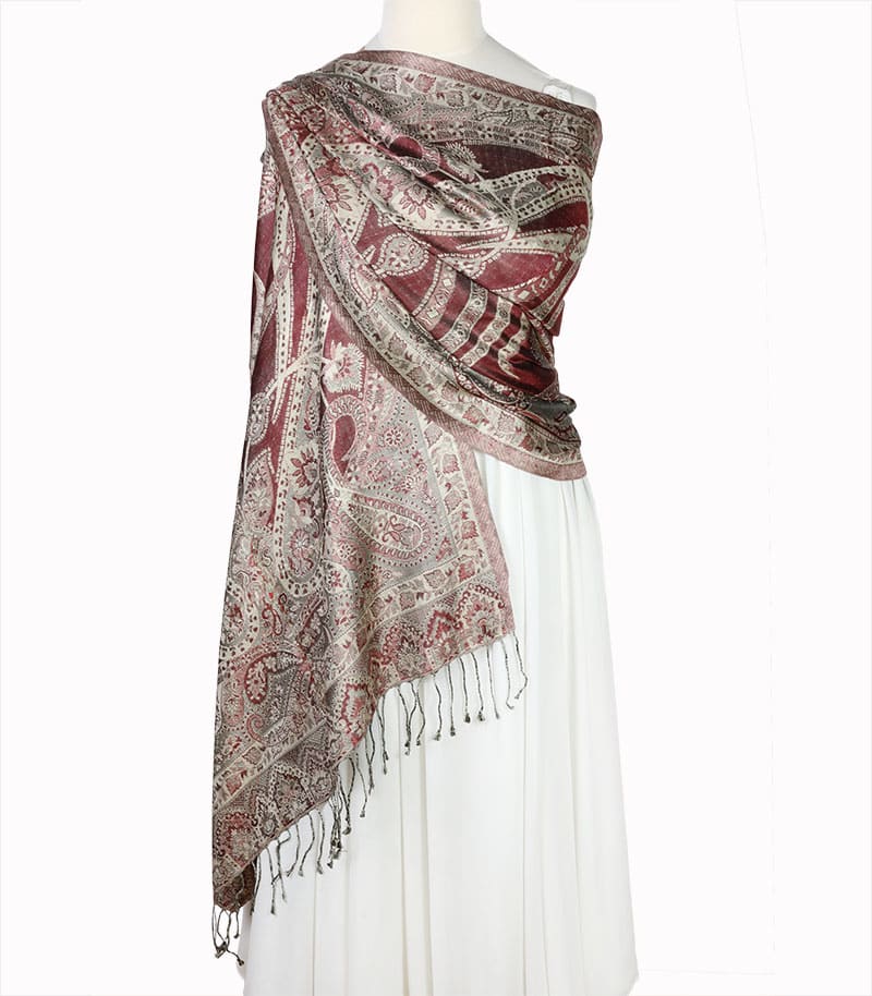 alt="Delikatny bordowy szal jedwabny paisley 100% jedwab naturalny damski do płaszcza 70x200"