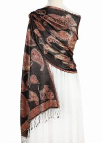 Brązowy szal jedwabny paisley 70x200 wieczorowy do sukienki.