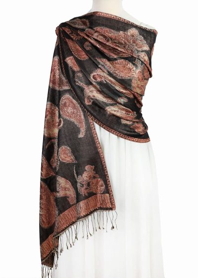 Brązowy szal jedwabny paisley 70x200 wieczorowy do sukienki.