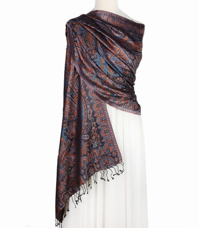 Stylowy szal wieczorowy jedwabny czarny z eleganckim wzorem wschodnim 70x200