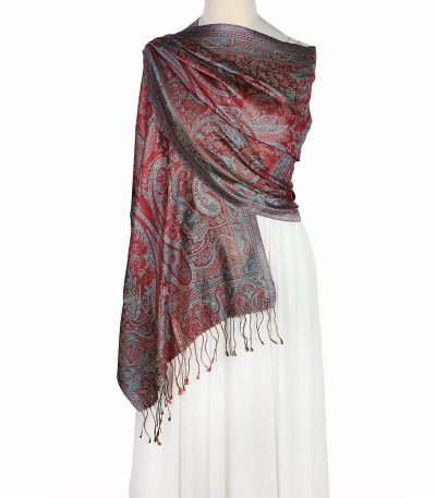 Elegancki szal jedwabny czerwony z wschodnim wzorem 55x180
