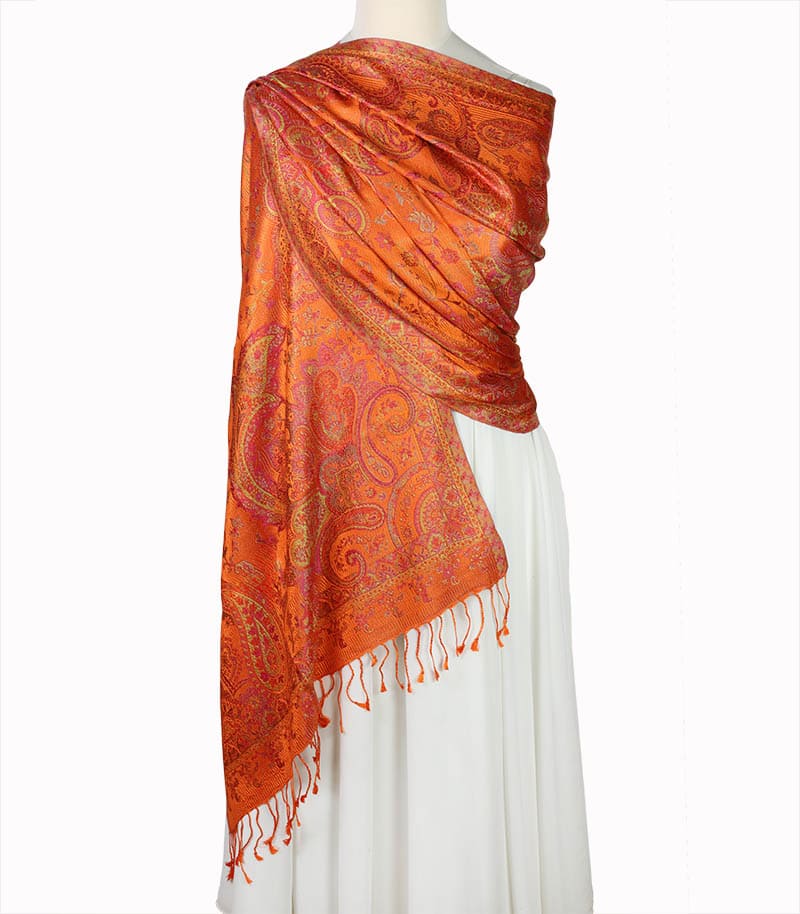 alt="Elegancki pomarańczowy szal jedwabny paisley 100% jedwab naturalny damski do sukienki 70x200"