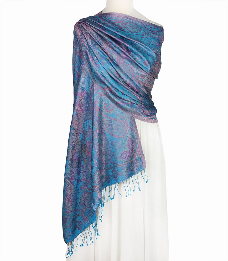 Elegancki szal z jedwabiu turkusowy wieczorowy z wzorem paisley 70x200