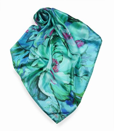 Elegancka mała jedwabna apaszka włoska turkusowa 65x65 z kwiatowym wzorem