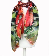 alt="zielony szal wełniany kwiaty 100% wełna naturalna damski do płaszcza 70x200"