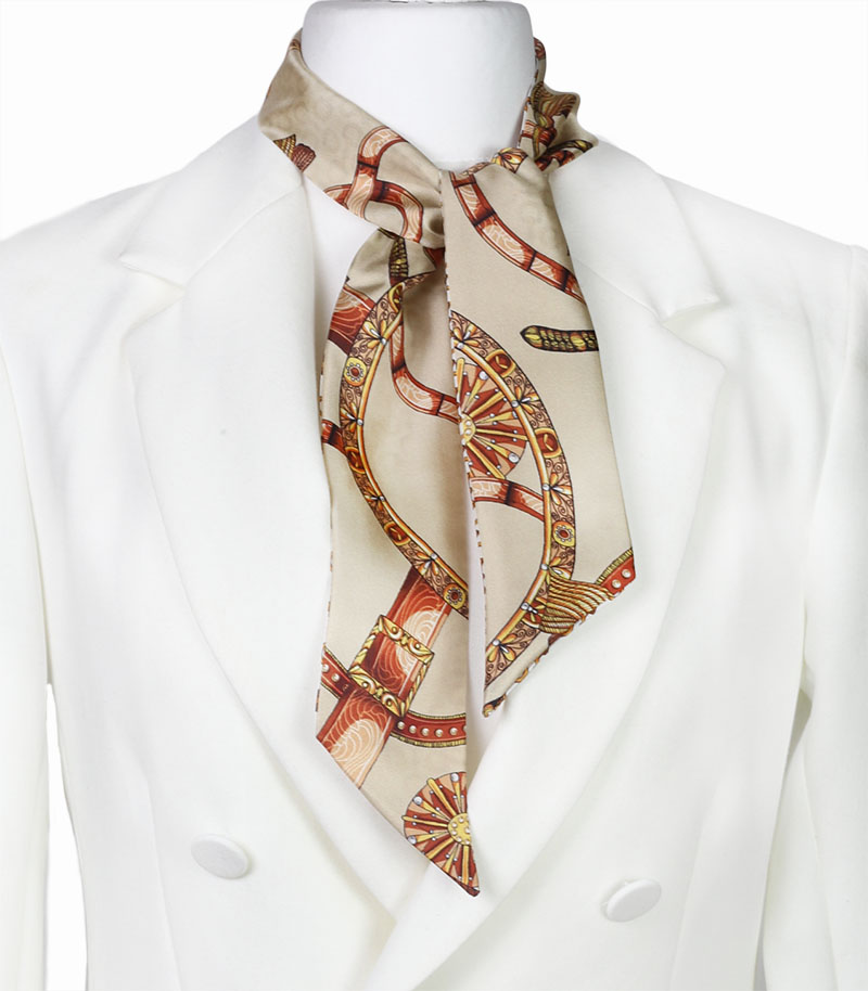 Beżowy szalik jedwabny twilly beżowy z eleganckim wzorem 6x105cm