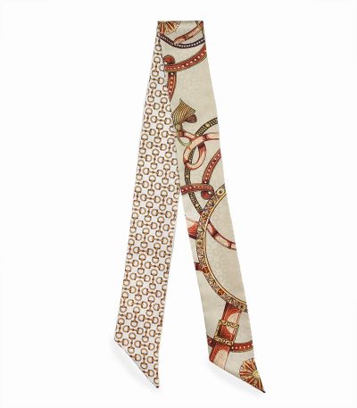 Beżowy szalik jedwabny twilly beżowy z eleganckim wzorem 6x105cm