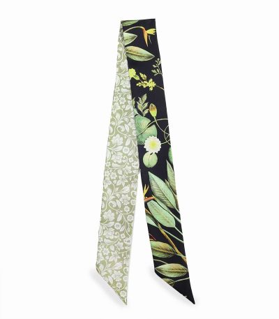 Czarny szalik jedwabny twilly z florystycznym wzorem włoski 6x105cm