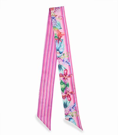 Elegancka apaszka twilly z jedwabiu włoska różowa z kwiatowym wzorem